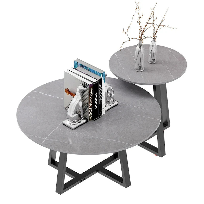 Round Nesting Coffee Tables Set of 2 - Sintered Stone Top 31.5" & 17.7" - Modern Black Metal Legs