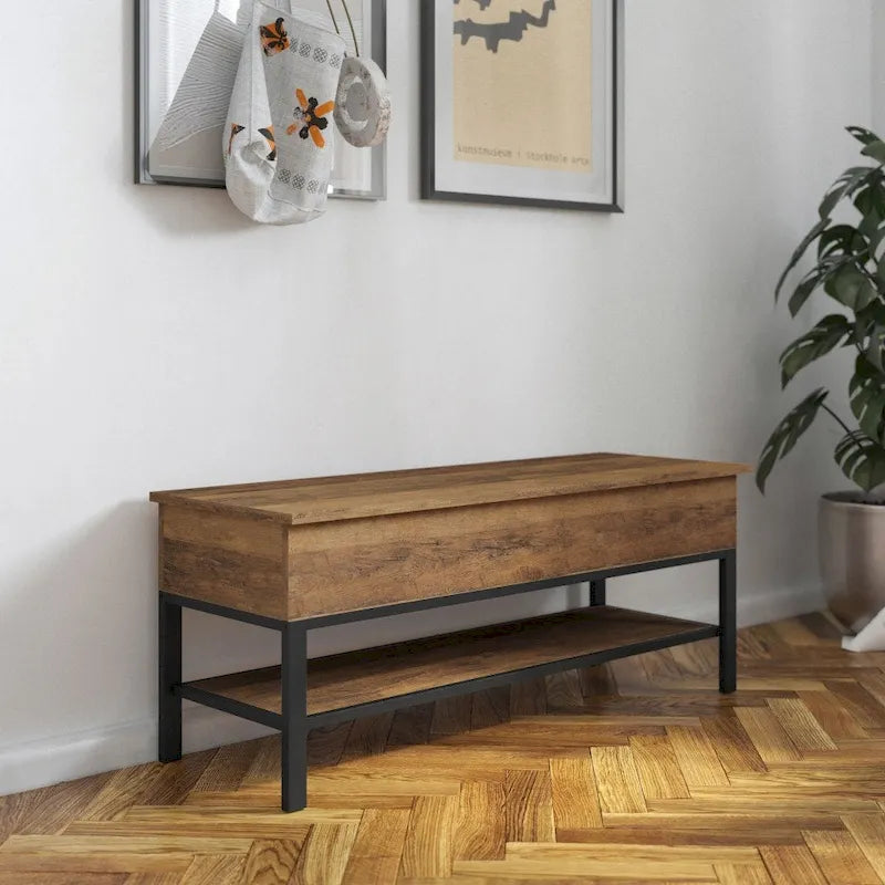 Farmhouse Entryway Bench with Hinged Lift Top Storage - 300 lbs Capacity - Metal Legs - Engineered Wood