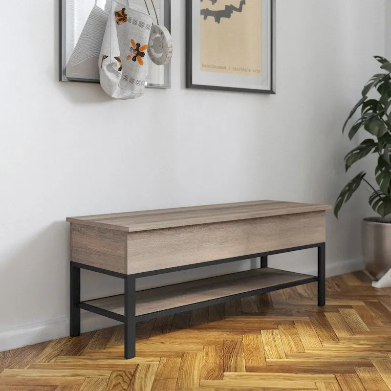 Farmhouse Entryway Bench with Hinged Lift Top Storage - 300 lbs Capacity - Metal Legs - Engineered Wood