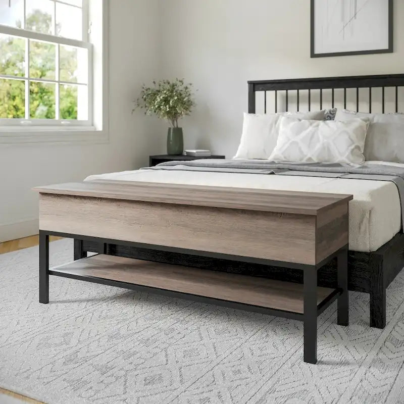 Farmhouse Entryway Bench with Hinged Lift Top Storage - 300 lbs Capacity - Metal Legs - Engineered Wood