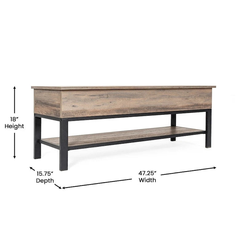 Farmhouse Entryway Bench with Hinged Lift Top Storage - 300 lbs Capacity - Metal Legs - Engineered Wood