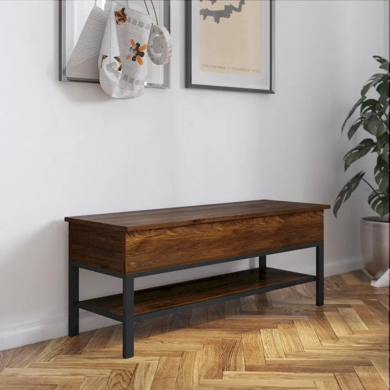 Farmhouse Entryway Bench with Hinged Lift Top Storage - 300 lbs Capacity - Metal Legs - Engineered Wood