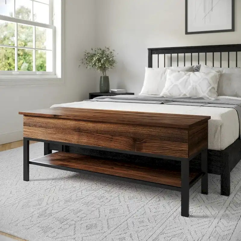 Farmhouse Entryway Bench with Hinged Lift Top Storage - 300 lbs Capacity - Metal Legs - Engineered Wood