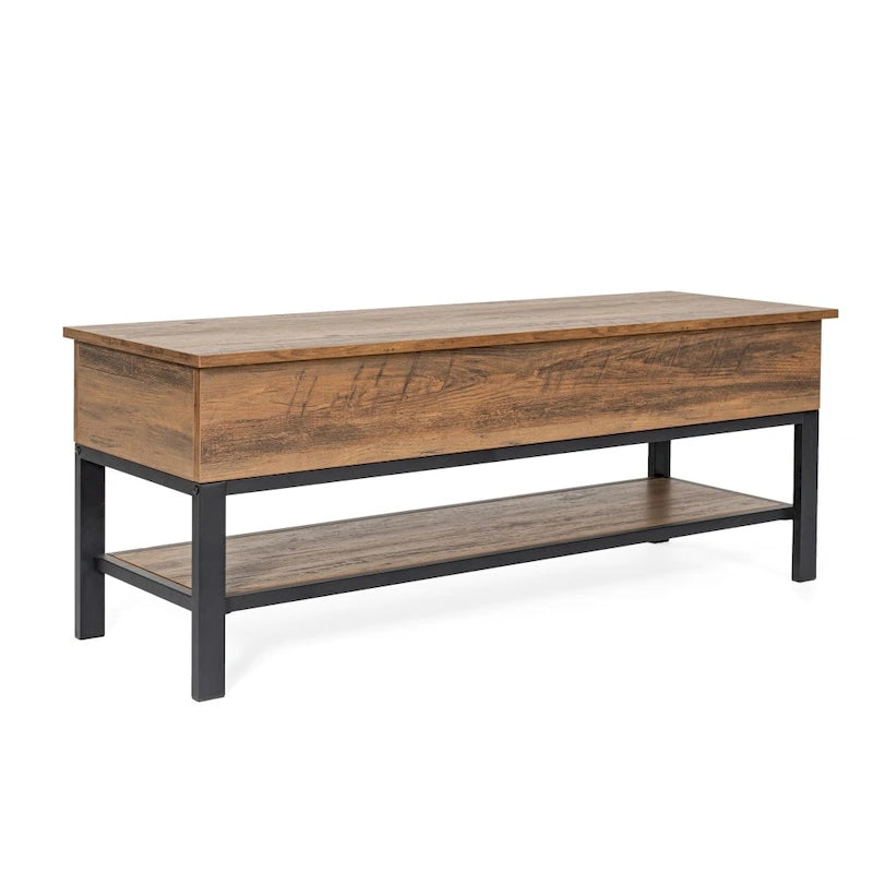 Farmhouse Entryway Bench with Hinged Lift Top Storage - 300 lbs Capacity - Metal Legs - Engineered Wood