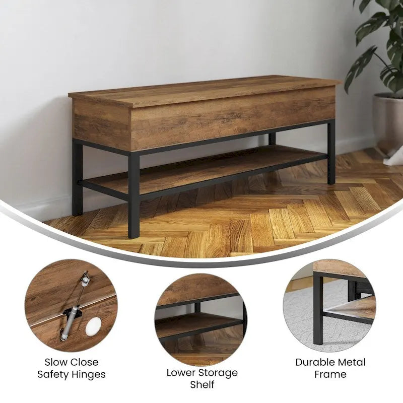 Farmhouse Entryway Bench with Hinged Lift Top Storage - 300 lbs Capacity - Metal Legs - Engineered Wood