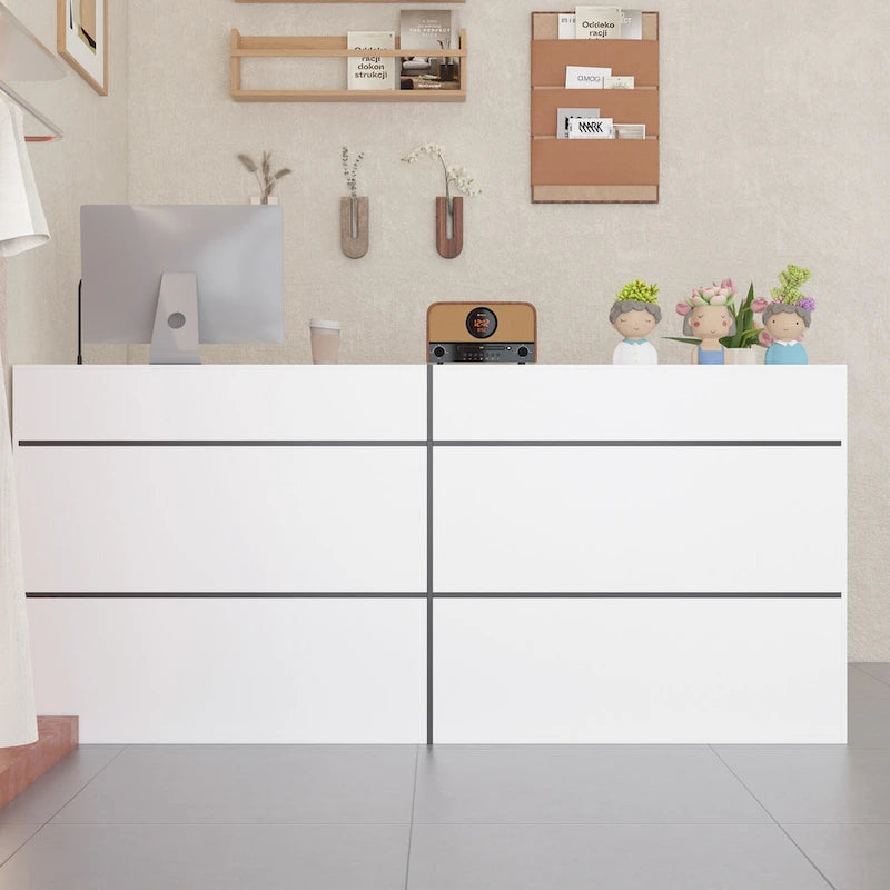 White Reception Desk Counter - Multi-Functional Storage Cabinet - 86.6"W x 39.3"H x 23.6"D - Office Front Table