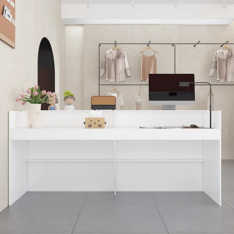 White Reception Desk Counter - Multi-Functional Storage Cabinet - 86.6"W x 39.3"H x 23.6"D - Office Front Table