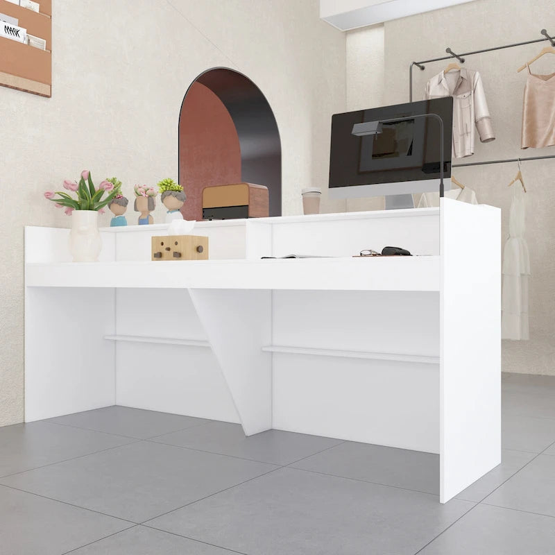 White Reception Desk Counter - Multi-Functional Storage Cabinet - 86.6"W x 39.3"H x 23.6"D - Office Front Table