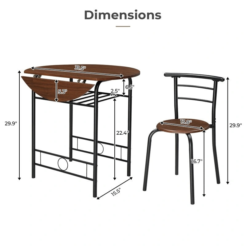 31.5" Drop Leaf Dining Table Set for 2 - Metal Frame Wood Top - Round Small Space Kitchen - 29.9"H x 31.5"W