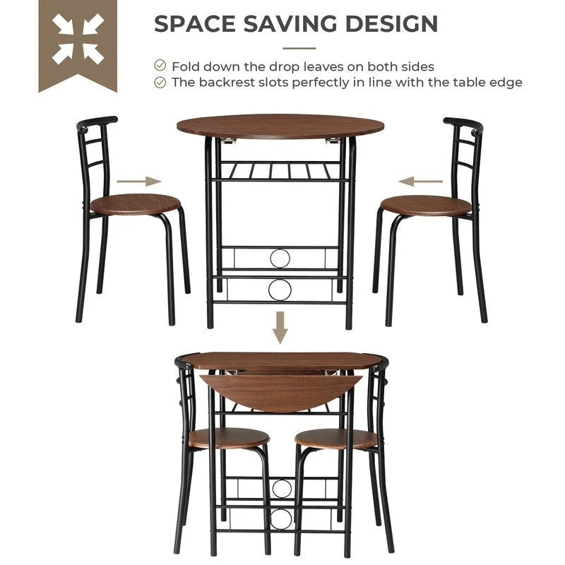 31.5" Drop Leaf Dining Table Set for 2 - Metal Frame Wood Top - Round Small Space Kitchen - 29.9"H x 31.5"W
