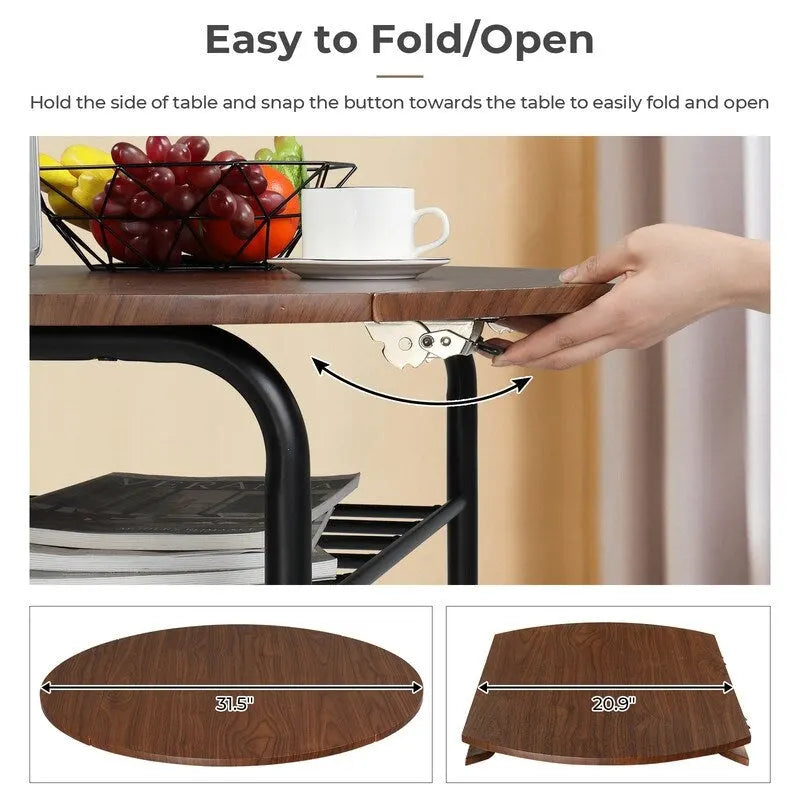 31.5" Drop Leaf Dining Table Set for 2 - Metal Frame Wood Top - Round Small Space Kitchen - 29.9"H x 31.5"W