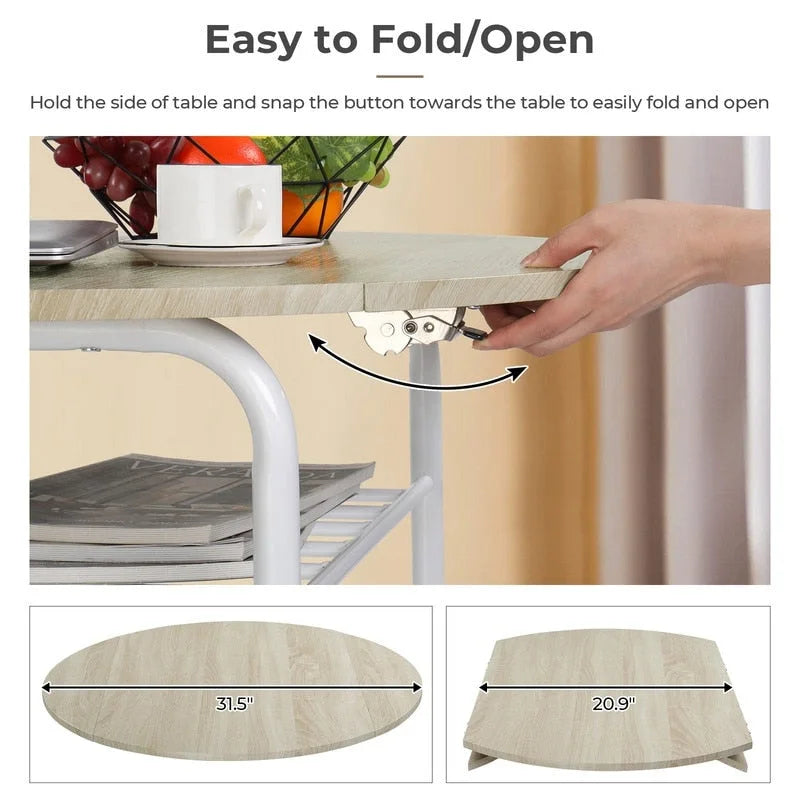 31.5" Drop Leaf Dining Table Set for 2 - Metal Frame Wood Top - Round Small Space Kitchen - 29.9"H x 31.5"W