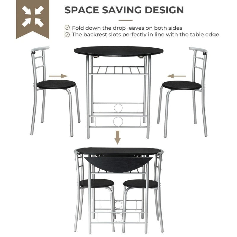 31.5" Drop Leaf Dining Table Set for 2 - Metal Frame Wood Top - Round Small Space Kitchen - 29.9"H x 31.5"W