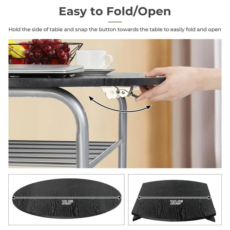 31.5" Drop Leaf Dining Table Set for 2 - Metal Frame Wood Top - Round Small Space Kitchen - 29.9"H x 31.5"W