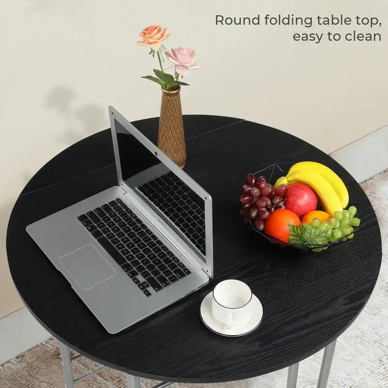 31.5" Drop Leaf Dining Table Set for 2 - Metal Frame Wood Top - Round Small Space Kitchen - 29.9"H x 31.5"W