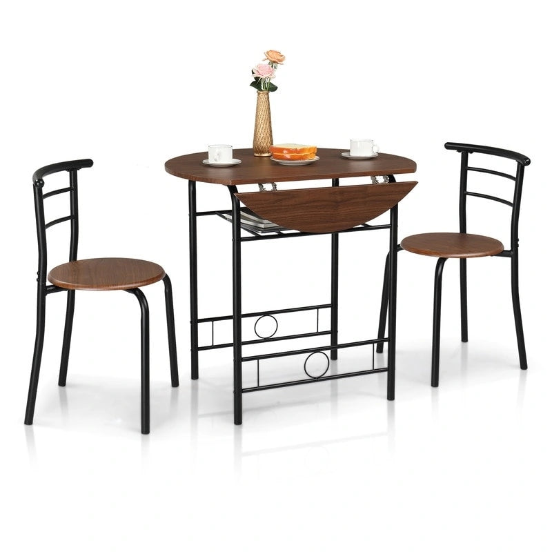 31.5" Drop Leaf Dining Table Set for 2 - Metal Frame Wood Top - Round Small Space Kitchen - 29.9"H x 31.5"W