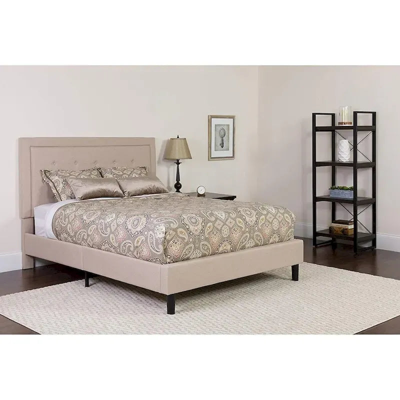 Queen Upholstered Platform Bed - Beige - Button Tufted Headboard - 85.75"L x 65.75"W x 50.75"H - 15 Slats