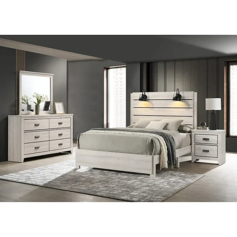6 Piece White LED Panel Bedroom Set - Contemporary King/Queen/Full Bed Dresser Mirror Nightstands Chest