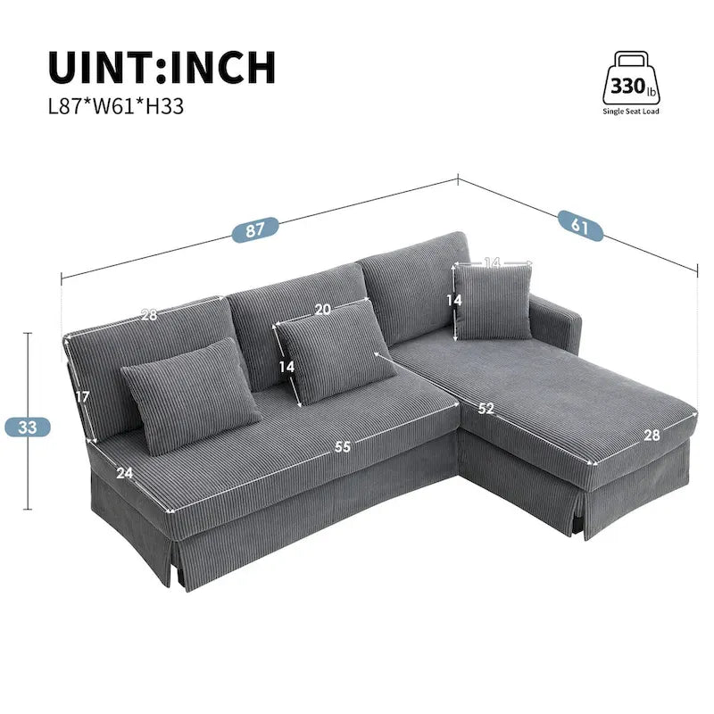 Modern 4-Seat L-Shaped Convertible Sofa - Reversible Chaise - Skirted Design - Living Room Sectional