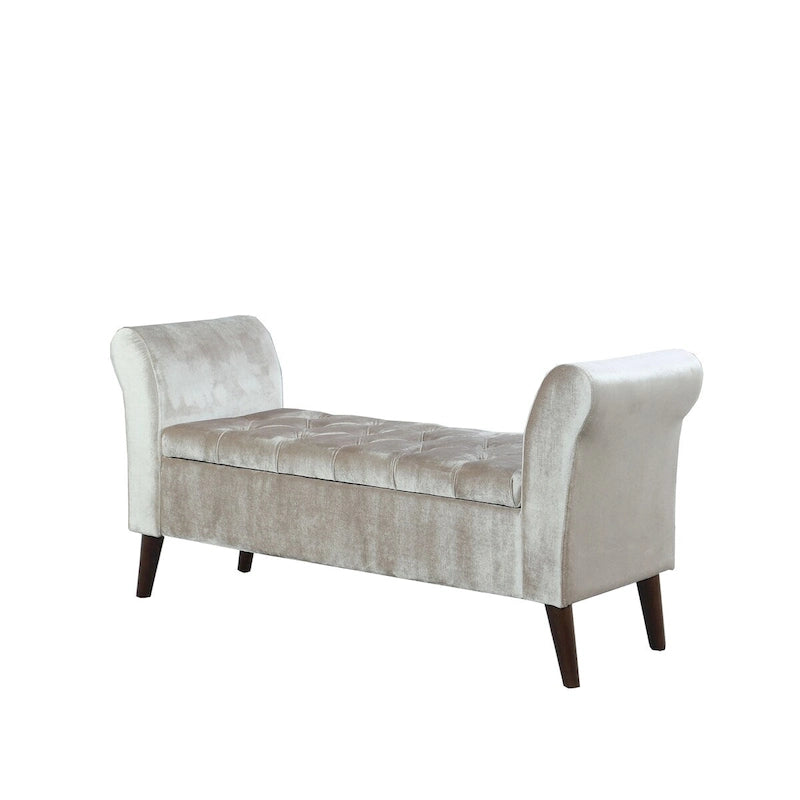 Tufted Storage Bench with Armrest - Velour Fabric - Wood Legs - 51"L x 17.5"W x 19"H - Bedroom Entryway