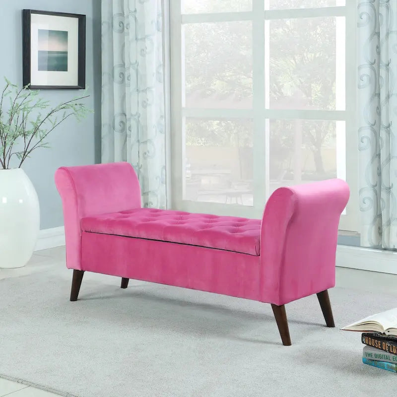 Tufted Storage Bench with Armrest - Velour Fabric - Wood Legs - 51"L x 17.5"W x 19"H - Bedroom Entryway