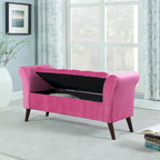 Tufted Storage Bench with Armrest - Velour Fabric - Wood Legs - 51"L x 17.5"W x 19"H - Bedroom Entryway