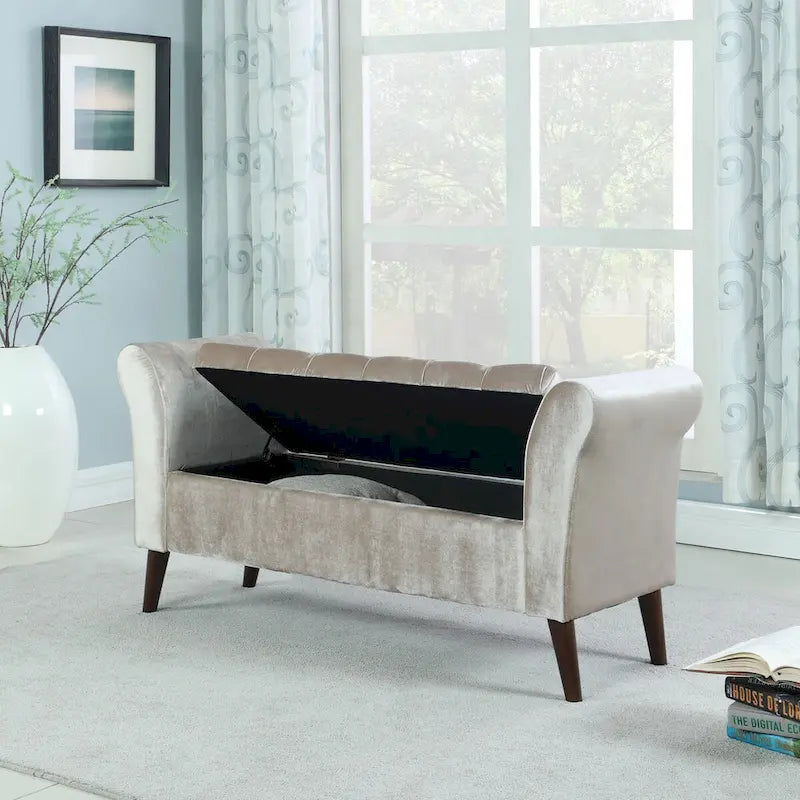 Tufted Storage Bench with Armrest - Velour Fabric - Wood Legs - 51"L x 17.5"W x 19"H - Bedroom Entryway