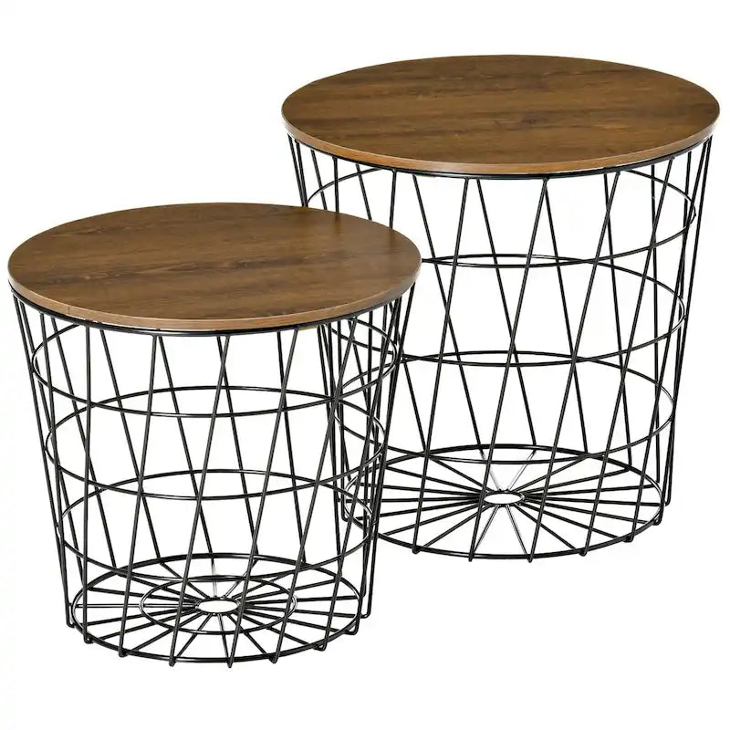 Round Nesting Tables Set of 2 - Removable Top Storage - MDF Wood Metal - 17.25" & 15" - Living Room Bedroom