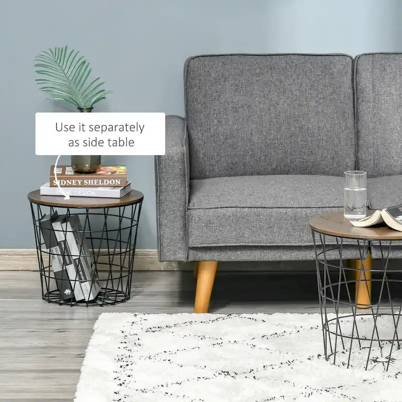 Round Nesting Tables Set of 2 - Removable Top Storage - MDF Wood Metal - 17.25" & 15" - Living Room Bedroom