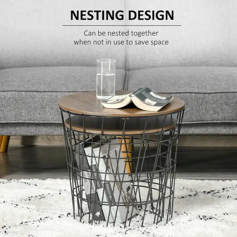 Round Nesting Tables Set of 2 - Removable Top Storage - MDF Wood Metal - 17.25" & 15" - Living Room Bedroom