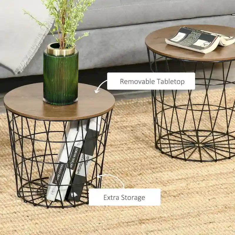 Round Nesting Tables Set of 2 - Removable Top Storage - MDF Wood Metal - 17.25" & 15" - Living Room Bedroom