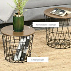 Round Nesting Tables Set of 2 - Removable Top Storage - MDF Wood Metal - 17.25" & 15" - Living Room Bedroom