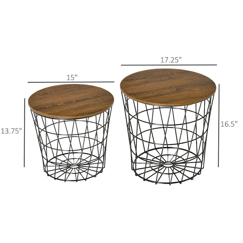 Round Nesting Tables Set of 2 - Removable Top Storage - MDF Wood Metal - 17.25" & 15" - Living Room Bedroom