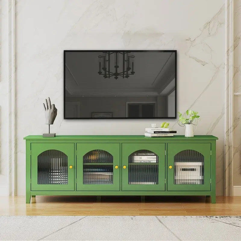 Vintage French Green TV Cabinet with Glass Doors - 70.87"L x 17.72"W x 24.02"H - Pine Wood Sideboard Buffet