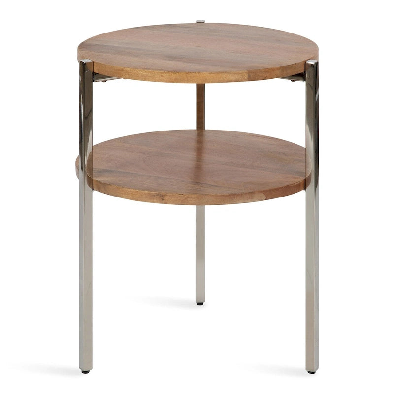 Round Side Table - 2-Tier - Mango Wood - Stainless Steel Legs - 19"W x 19"D x 24.5"H - Modern Boho
