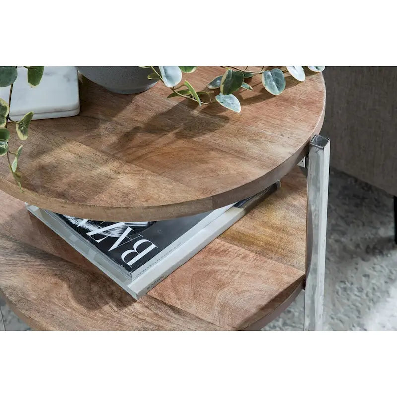 Round Side Table - 2-Tier - Mango Wood - Stainless Steel Legs - 19"W x 19"D x 24.5"H - Modern Boho