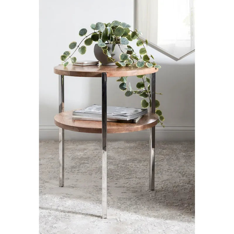 Round Side Table - 2-Tier - Mango Wood - Stainless Steel Legs - 19"W x 19"D x 24.5"H - Modern Boho