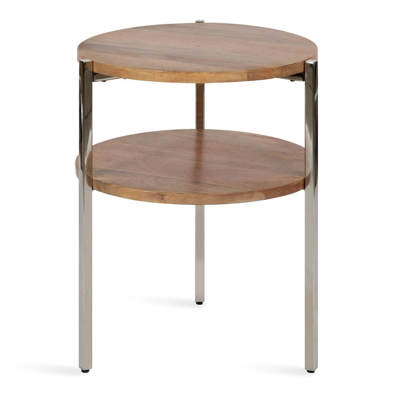 Round Side Table - 2-Tier - Mango Wood - Stainless Steel Legs - 19"W x 19"D x 24.5"H - Modern Boho