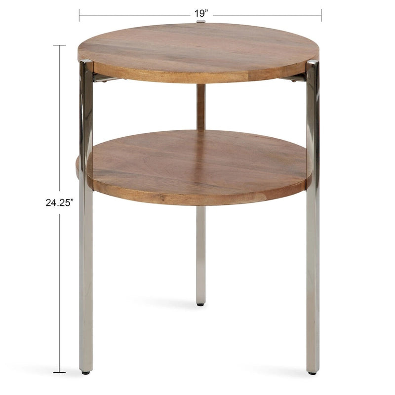 Round Side Table - 2-Tier - Mango Wood - Stainless Steel Legs - 19"W x 19"D x 24.5"H - Modern Boho