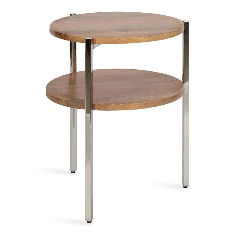 Round Side Table - 2-Tier - Mango Wood - Stainless Steel Legs - 19"W x 19"D x 24.5"H - Modern Boho