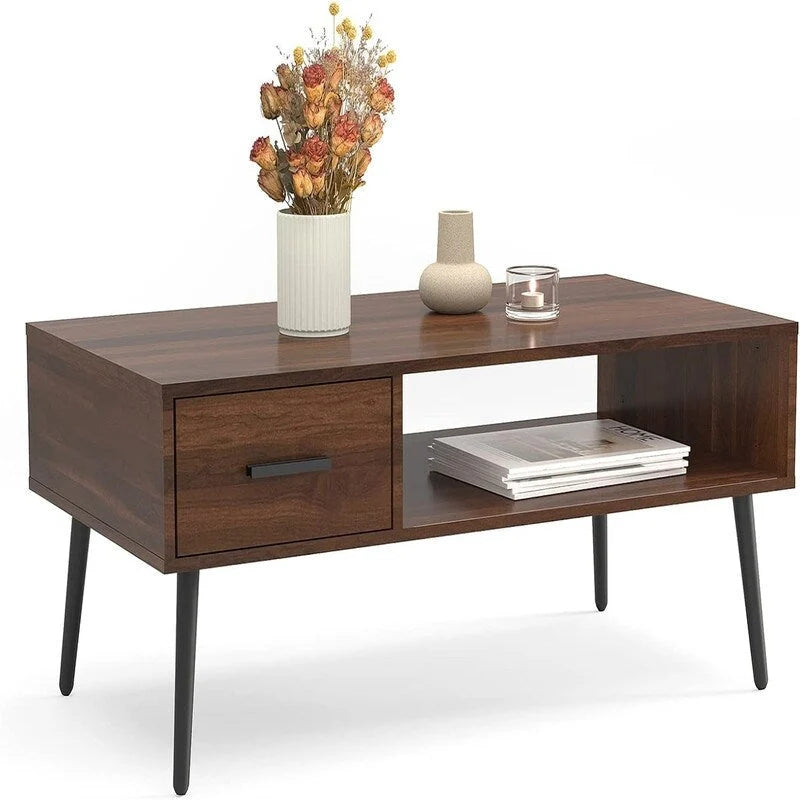 Mid Century Coffee Table TV Stand with Drawer - Pine Wood - 41.3"D x 21.7"W x 17.7"H - Living Room