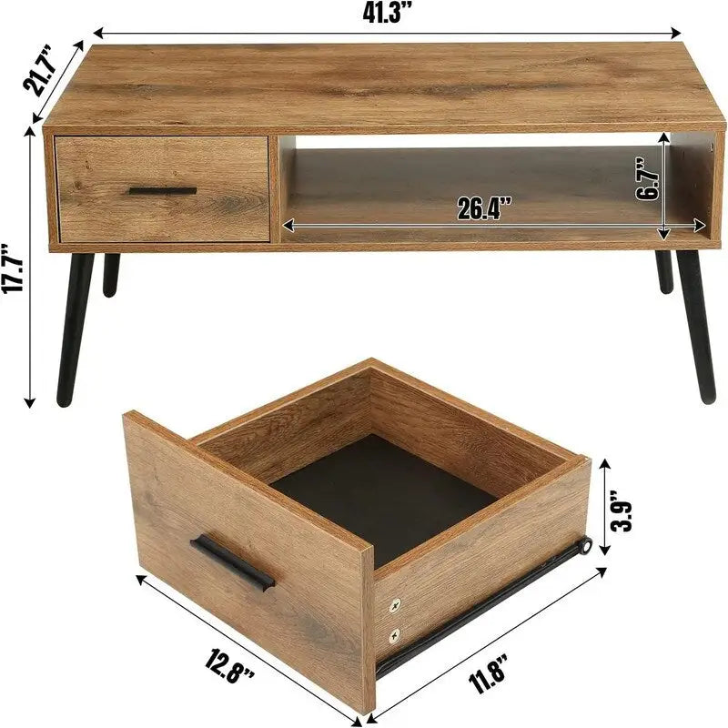 Mid Century Coffee Table TV Stand with Drawer - Pine Wood - 41.3"D x 21.7"W x 17.7"H - Living Room