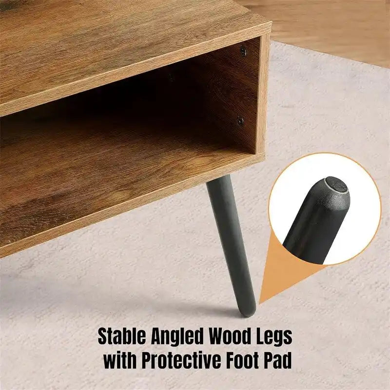 Mid Century Coffee Table TV Stand with Drawer - Pine Wood - 41.3"D x 21.7"W x 17.7"H - Living Room