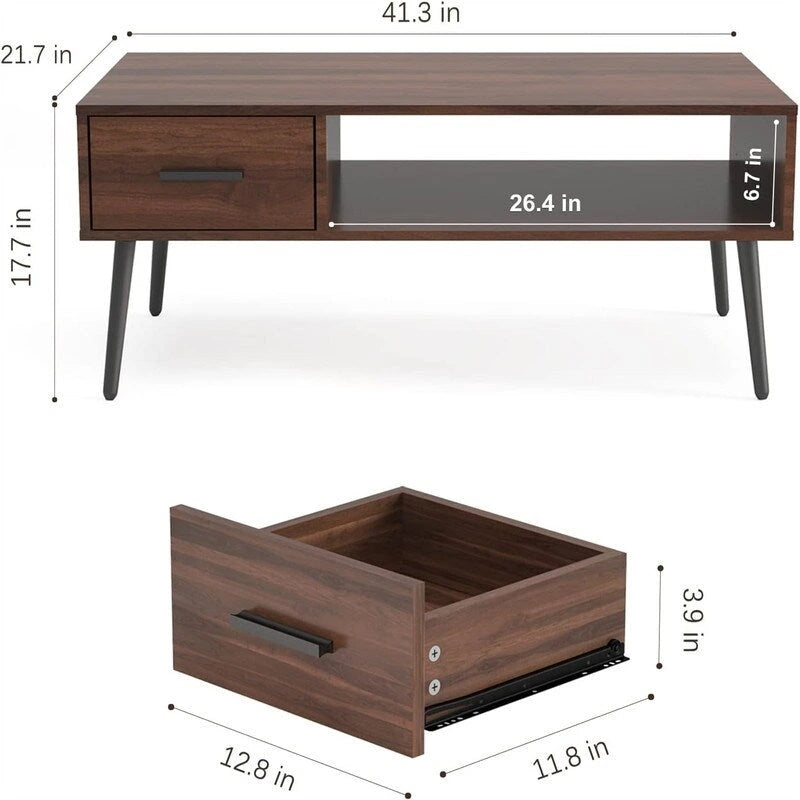 Mid Century Coffee Table TV Stand with Drawer - Pine Wood - 41.3"D x 21.7"W x 17.7"H - Living Room