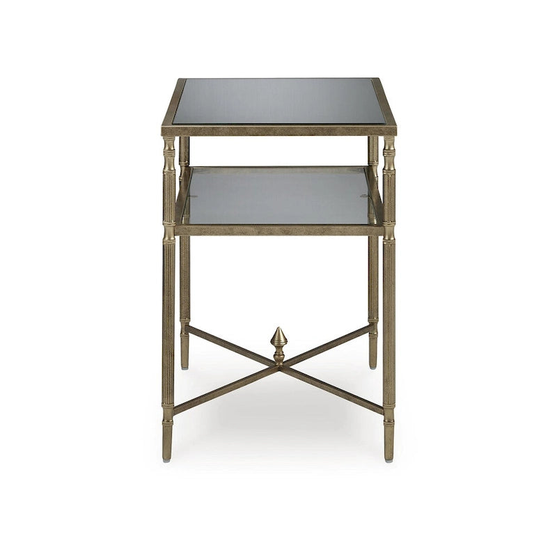 Gold Round End Table with Mirror Top & Glass Shelf - 25.75"W x 18"D x 26"H - Traditional Metal Accent Table