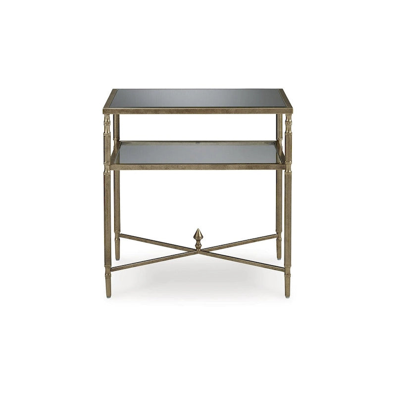Gold Round End Table with Mirror Top & Glass Shelf - 25.75"W x 18"D x 26"H - Traditional Metal Accent Table