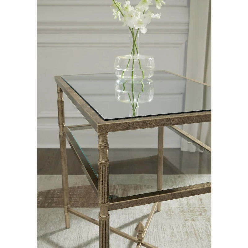 Gold Round End Table with Mirror Top & Glass Shelf - 25.75"W x 18"D x 26"H - Traditional Metal Accent Table