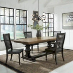 5-Piece Trestle Dining Table Set - Rubberwood & Oak - 42"W x 104"L - 20" Leaf - 4 Chairs - Chalkboard Black