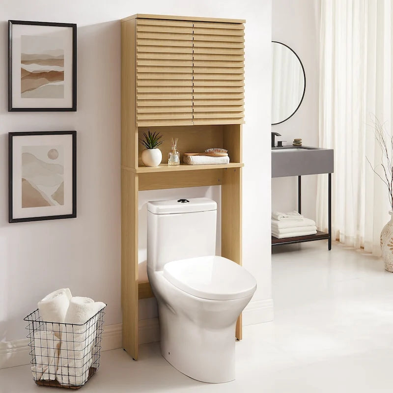 Over the Toilet Storage Cabinet Mid-Century Modern with Soft-Close Doors Adjustable Shelves Bathroom Organizer