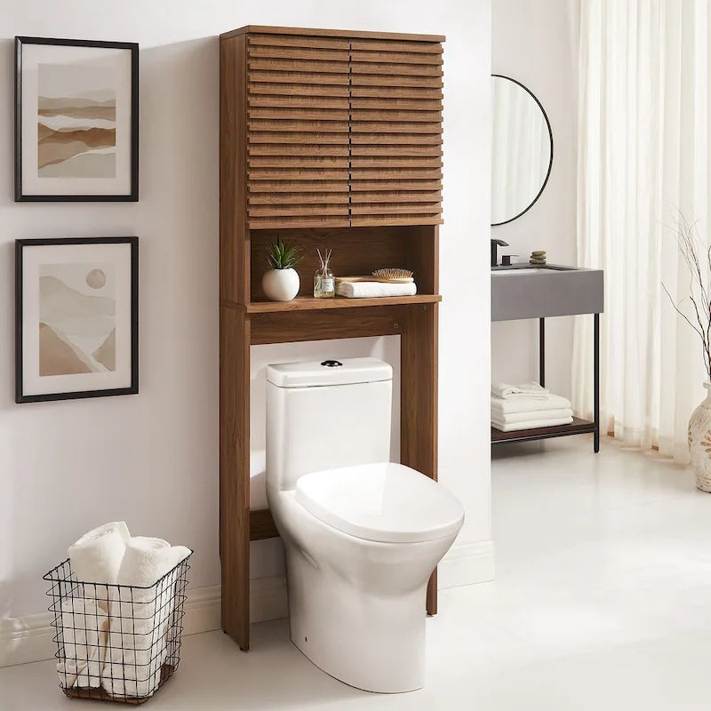 Over the Toilet Storage Cabinet Mid-Century Modern with Soft-Close Doors Adjustable Shelves Bathroom Organizer